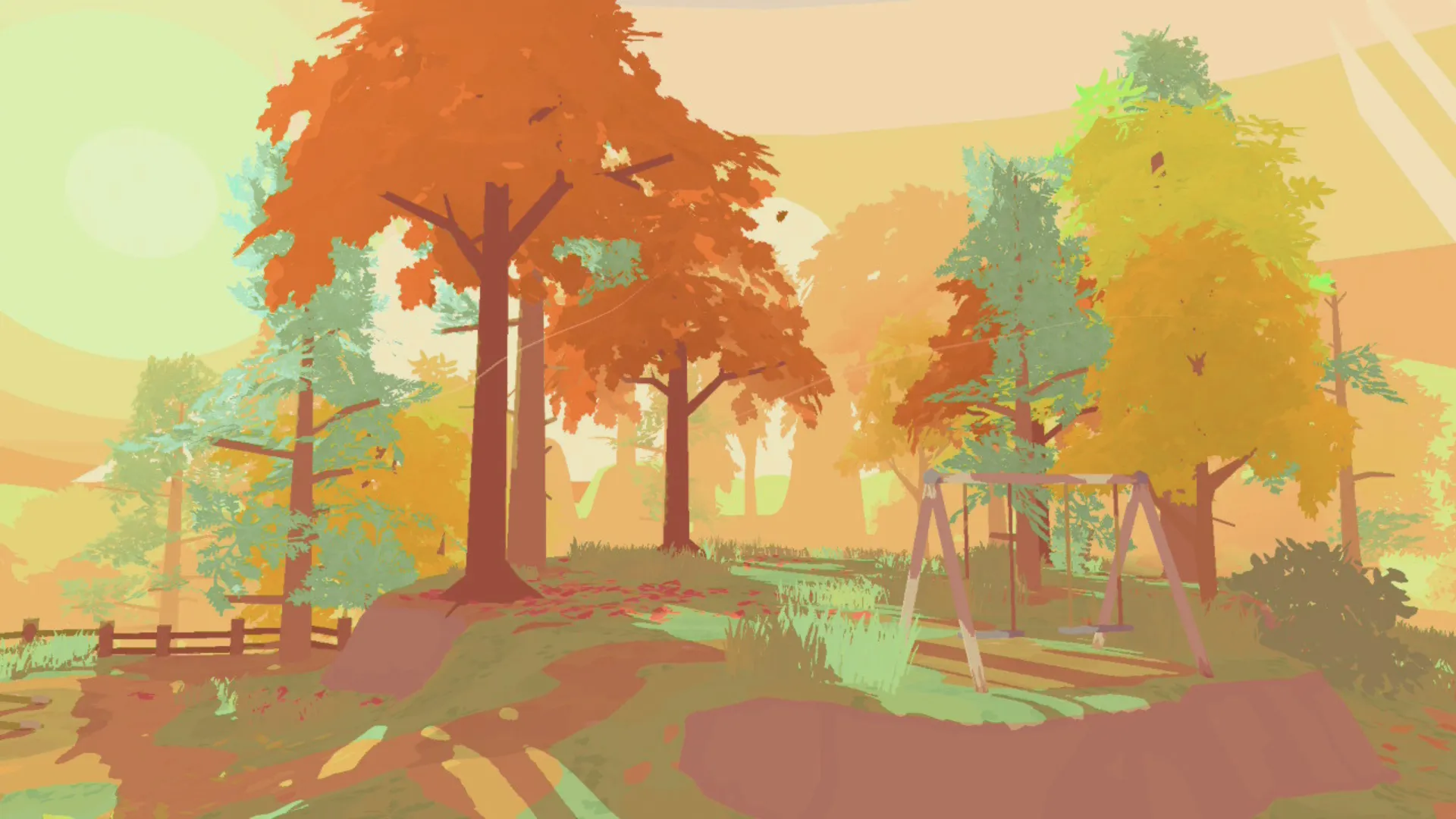 A sunny autumn clearing with a swing set in Lil Gator Game.