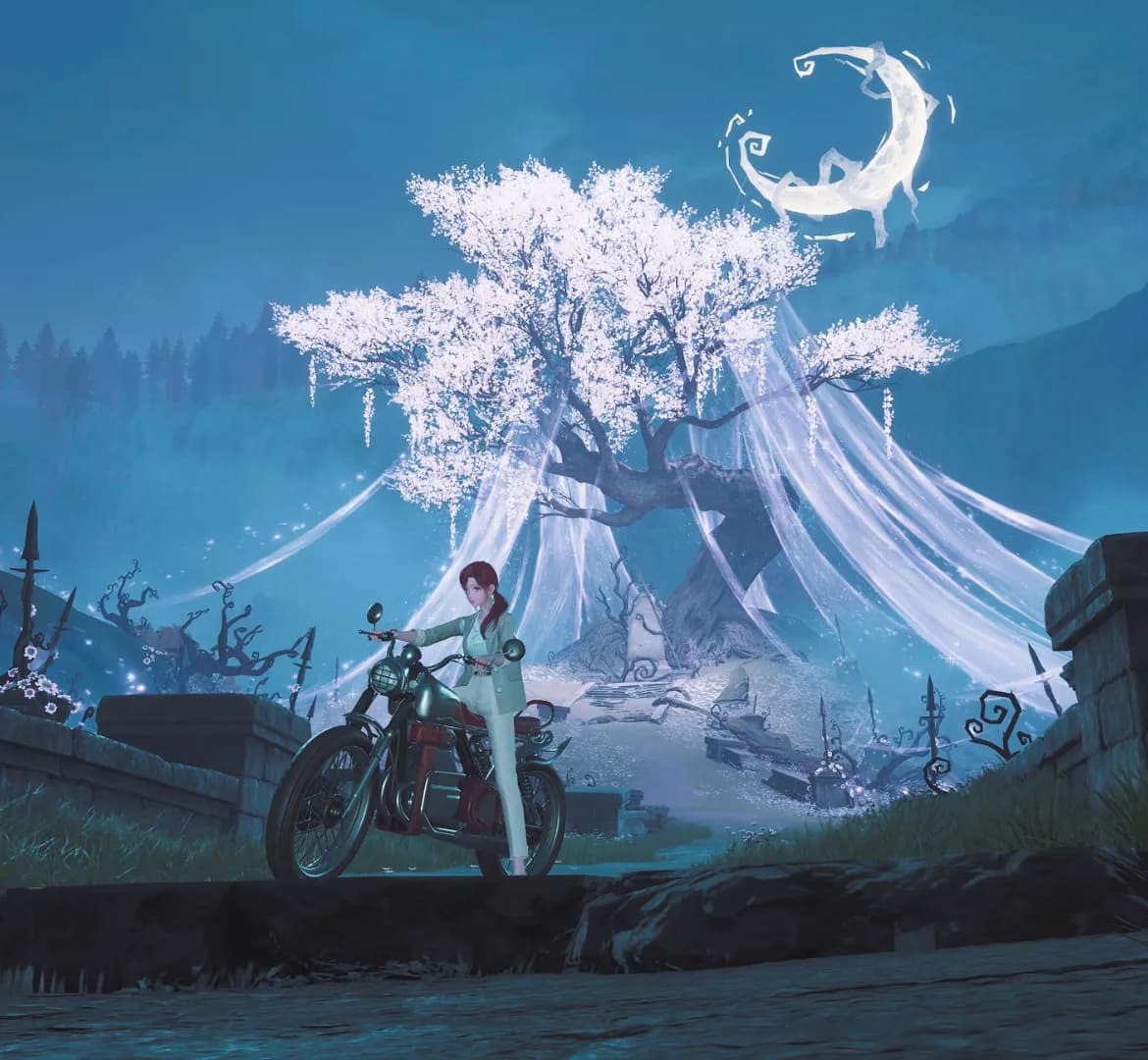 Nikki riding a motorcycle through the Elderwood Forest.